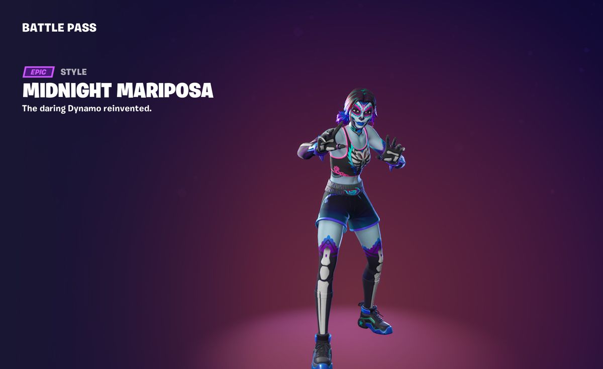 Midnight Mariposa, che ottiene un completo da wrestling a tema scheletro e uno strato di vernice per il corpo azzurra in Fortnite