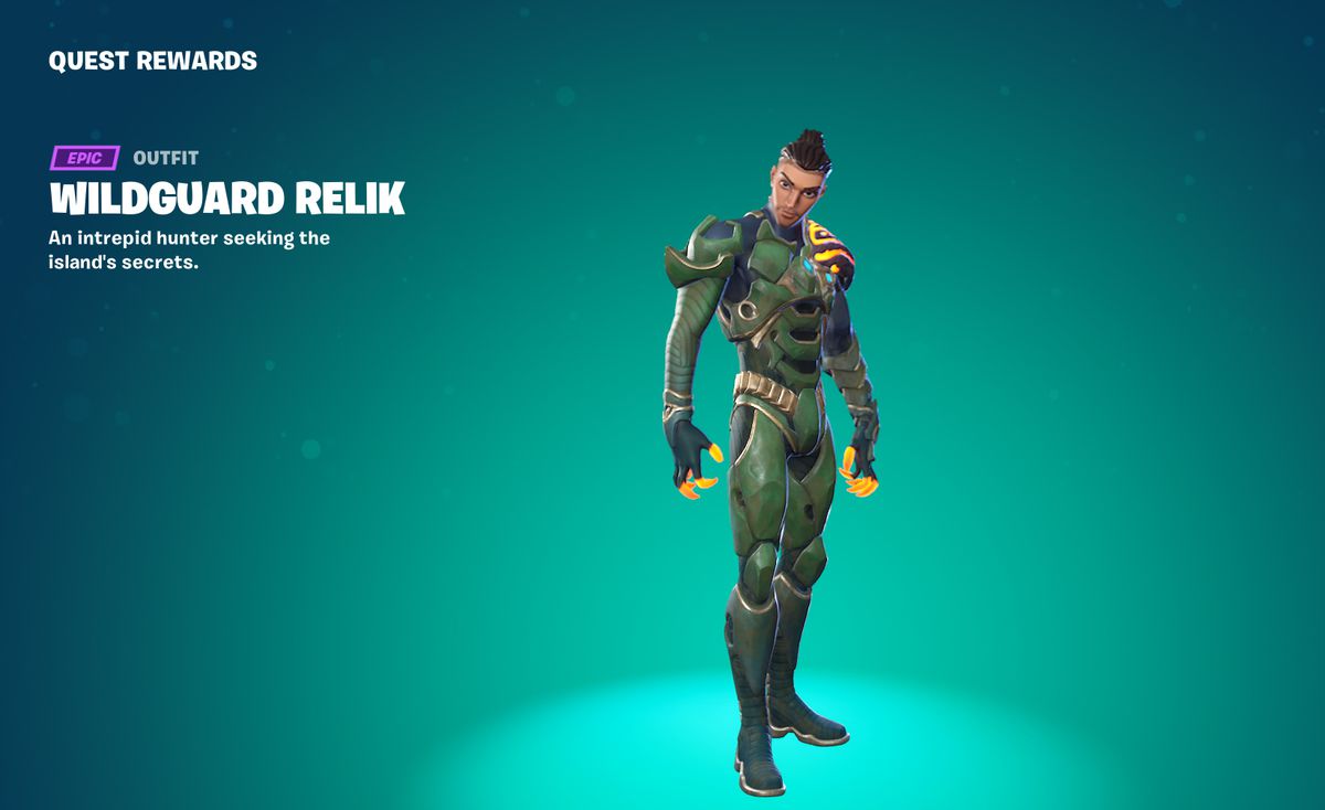 Wildguard Relik, che indossa una variante di armatura con accenti verde scuro e arancione in Fortnite