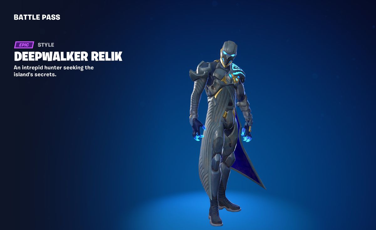 Deepwalker Relik, che ottiene un completo nero e blu, completo di casco, in Fortnite.