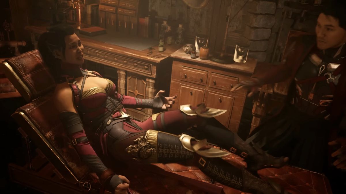 Mileena è sdraiata sulla sedia di un medico in uno screenshot di Mortal Kombat 1. Kenshi è nelle vicinanze.