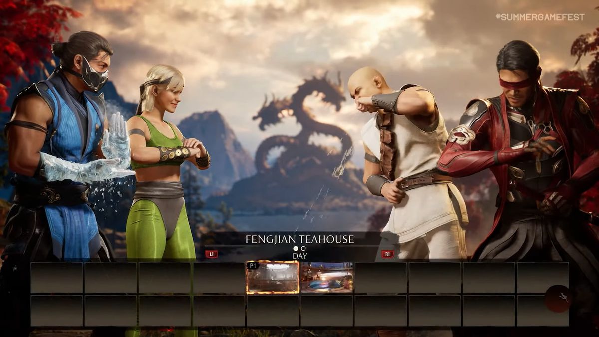 La schermata di selezione del personaggio e del livello di Mortal Kombat 1, con Sub-Zero, Sonya, Kano e Kenshi