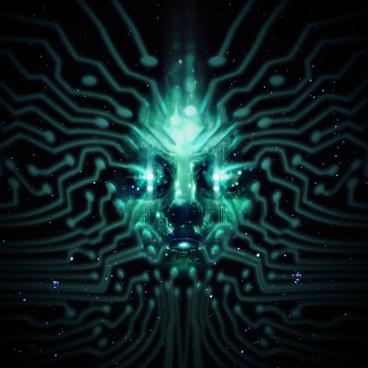 SHODAN, l'IA malvagia nel remake di System Shock, mostrata come una serie di percorsi digitali attraverso un'intera immagine