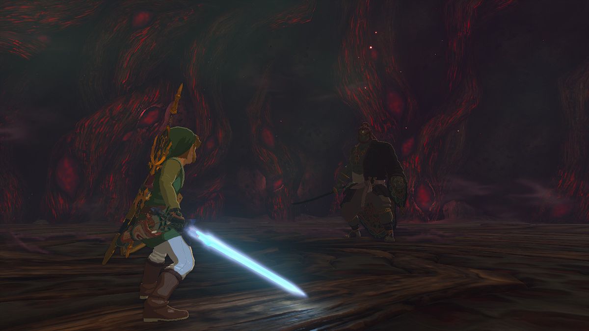 Link affronta Ganondorf in un'arena circolare nella battaglia contro il boss finale di Zelda Tears of the Kingdom.