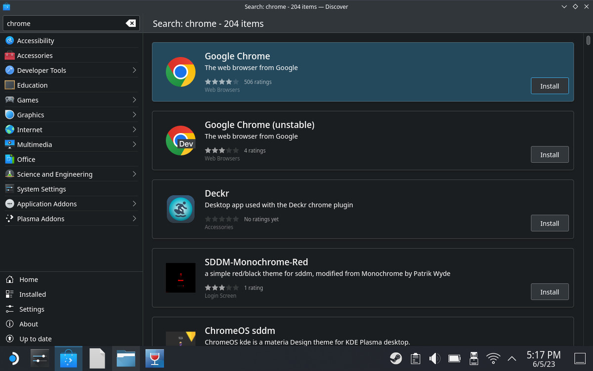 Uno screenshot di Steam Deck che mostra il browser Google Chrome nel Discover Store in modalità desktop.