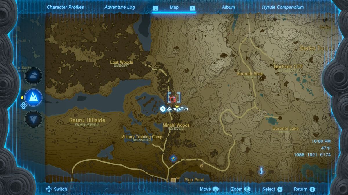 Una mappa mostra la posizione dell'armatura celeste in Zelda Tears of the Kingdom.