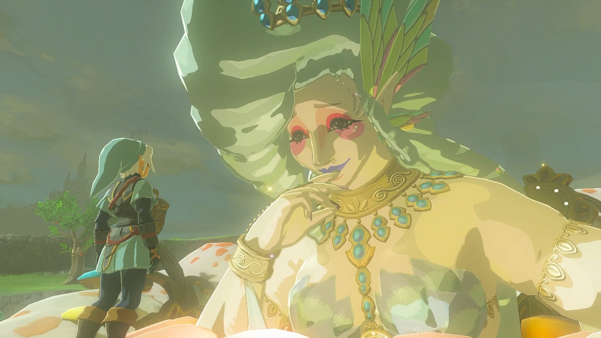 Link indossa l'armatura Fierce Deity in piedi di fronte a una Grande Fata in The Legend of Zelda: Tears of the Kingdom