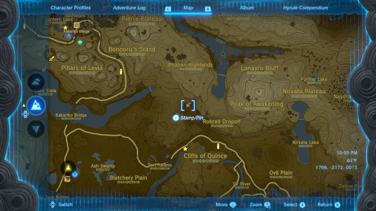 Uno screenshot della posizione sulla mappa della Caverna del Derubato in Zelda: Tears of the Kingdom