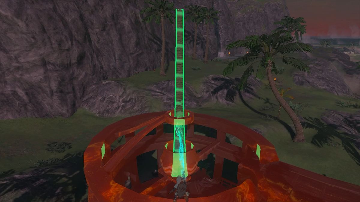 Link che ripara il pilastro centrale del Lucky Treasure Shop con una palma durante il progetto di restauro del villaggio di Lurelin in The Legend of Zelda: Tears of the Kingdom.