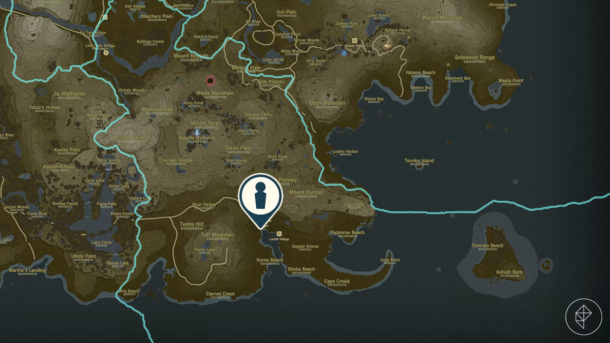 La posizione di Bosnon nel villaggio di Lurelin segnata sulla mappa di Hyrule in The Legend of Zelda: Tears of the Kingdom.