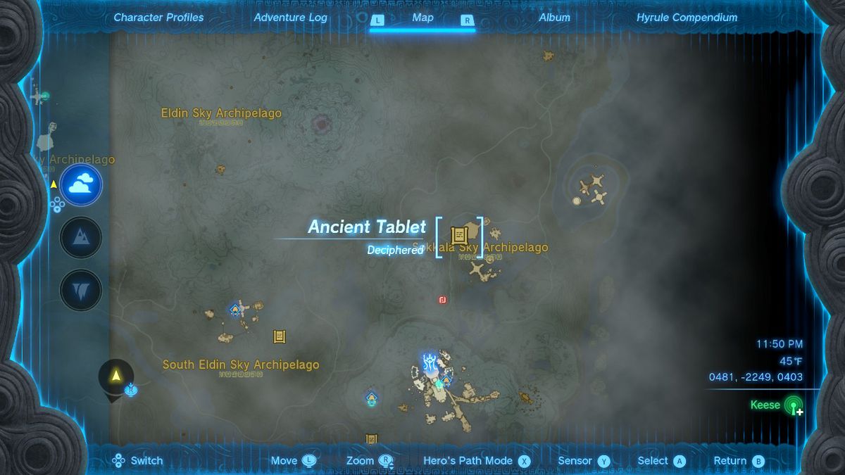 Uno screenshot della posizione sulla mappa della tavoletta di pietra n. 4 in Zelda: Tears of the Kingdom