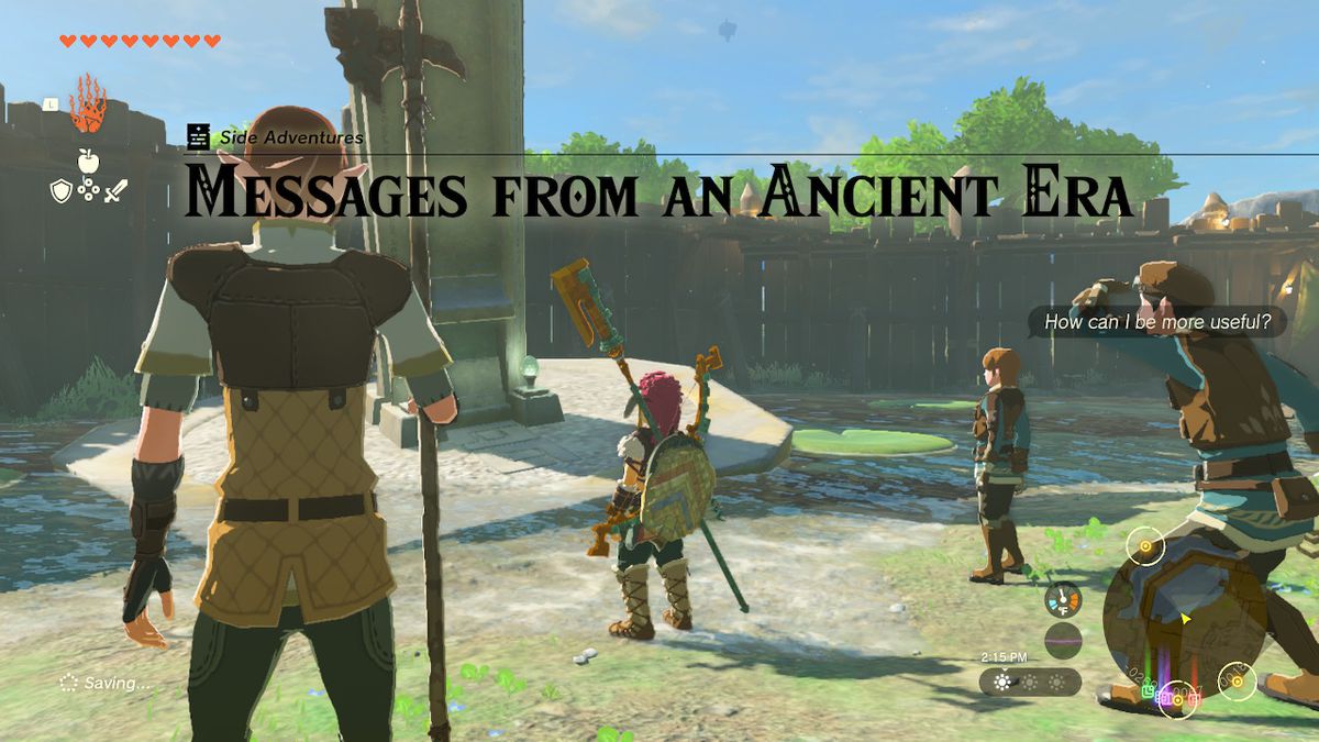 Link è circondato da un gruppo di abitanti del villaggio in soggezione davanti a una tavoletta di pietra caduta dal cielo in Zelda: Tears of the Kingdom