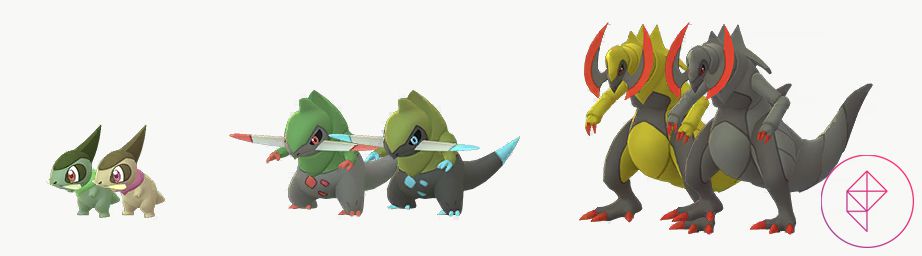 Axew, Fraxure e Haxorus con le loro forme luccicanti in Pokémon Go.  Shiny Axew diventa più giallo-marrone, Shiny Fraxure diventa giallo-verde con accenti blu e Shiny Haxorus diventa nero e rosso.