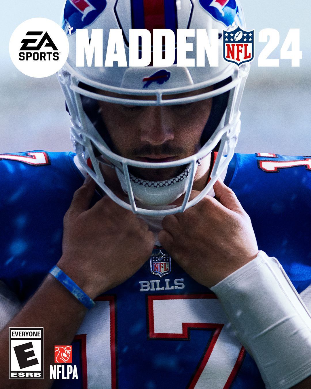 La copertina dell'edizione standard di Madden NFL 24, un primo piano di Bills QB Josh Allen che tira il colletto della sua maglia