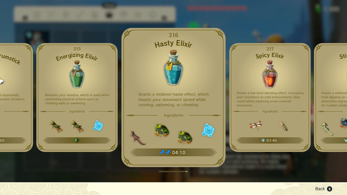 Uno screenshot del ricettario dell'elisir in Zelda: Tears of the Kingdom, che mette in evidenza l'elisir frettoloso