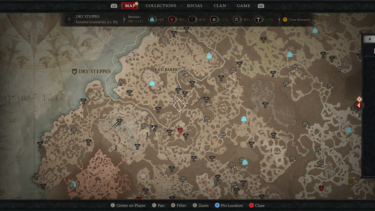 La mappa del mondo di Diablo 4, piena di indicatori di ricerca, sfide e punti di interesse