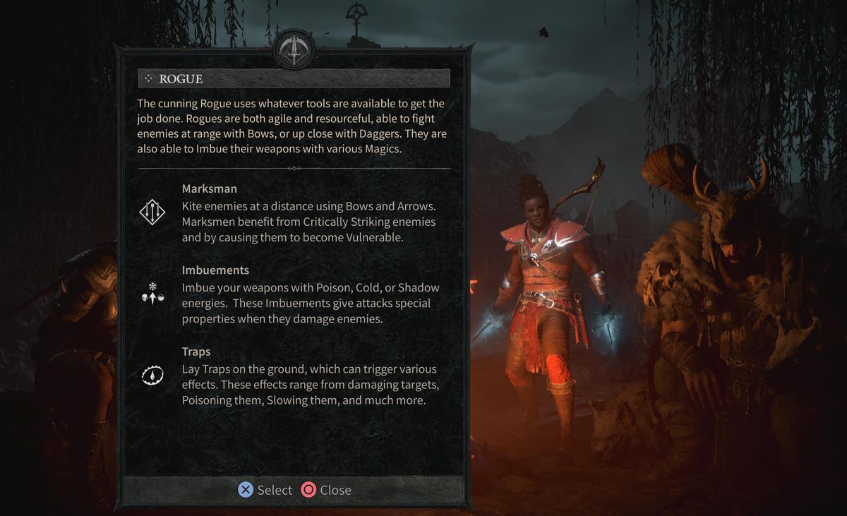 Un ladro si trova accanto a una descrizione della classe del ladro in Diablo 4.
