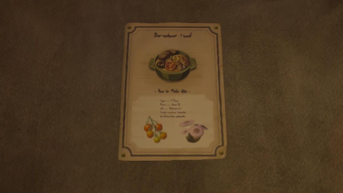 Una foto di una ricetta all'interno di una stalla in Zelda: Tears of the Kingdom