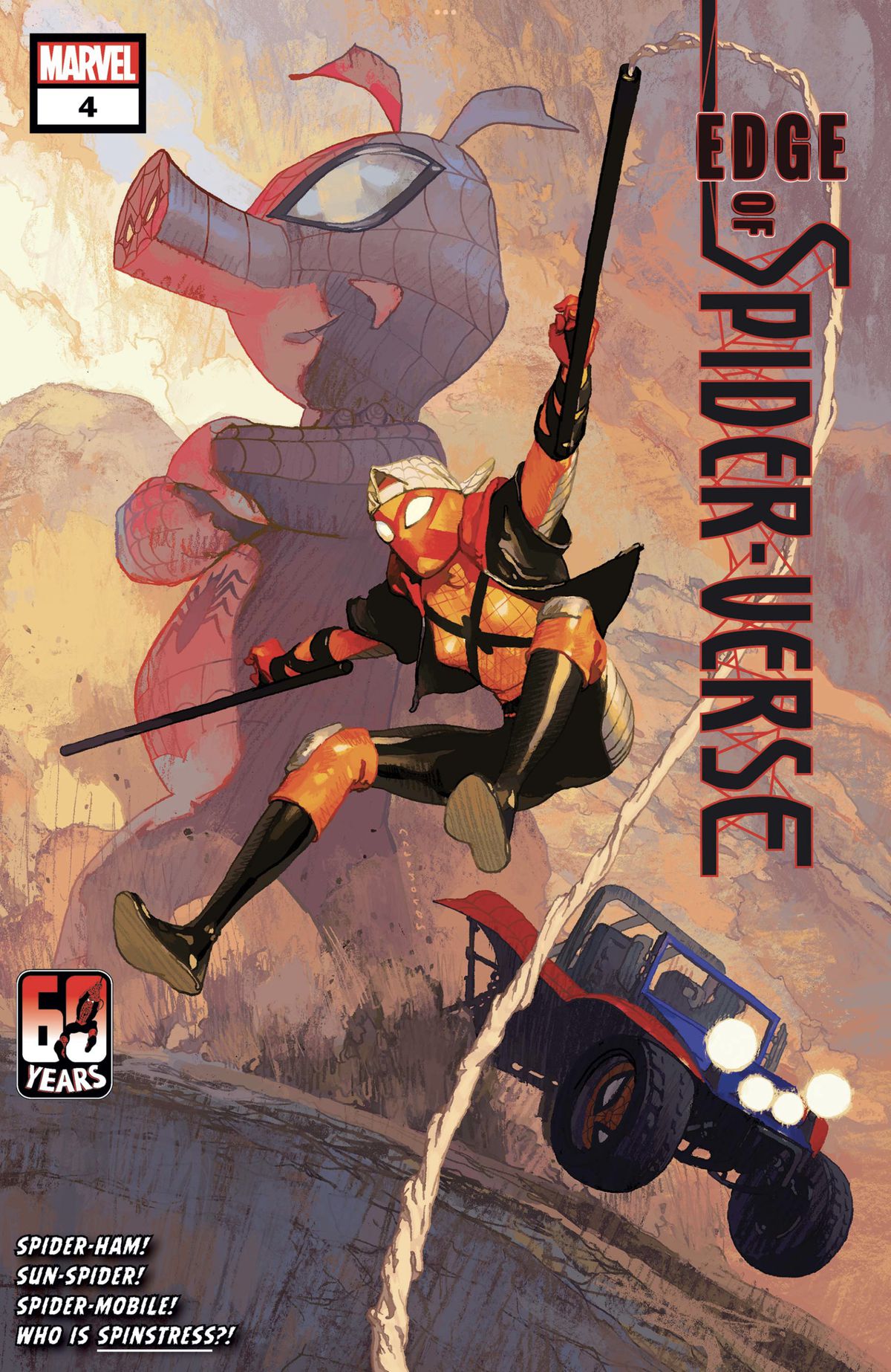 Sun-Spider, Spider-Ham e Spider-Mobile sulla copertina di Edge of Spider-Verse # 4 (2022). 