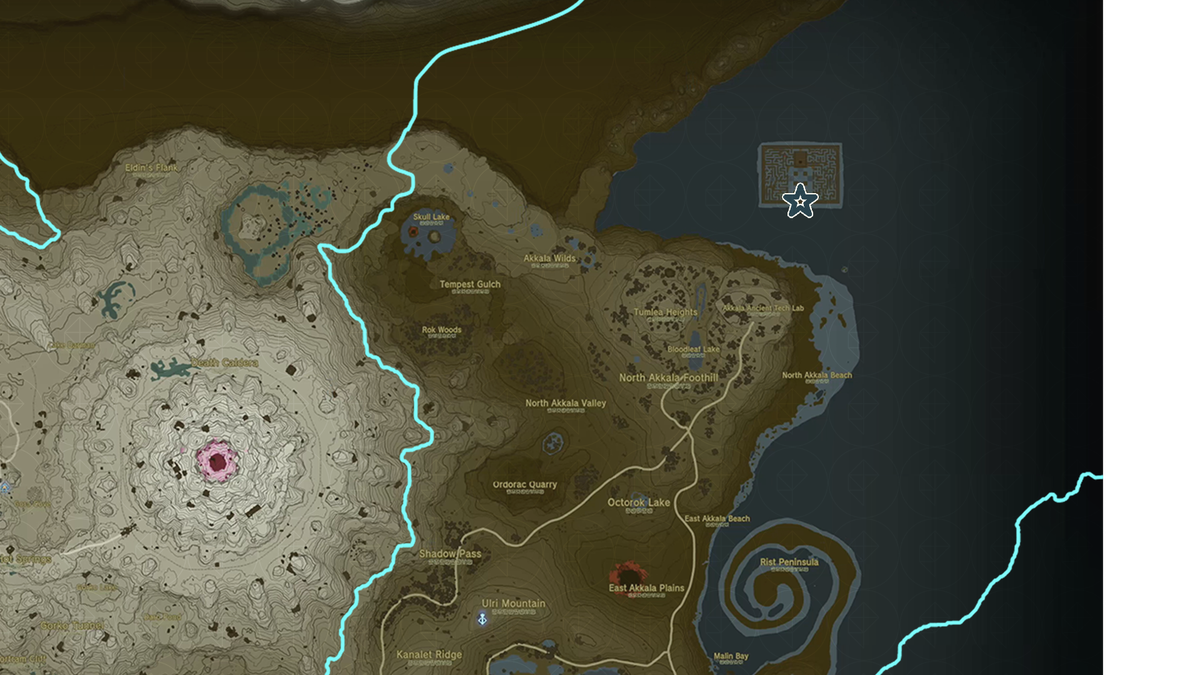 L'isola del labirinto di Lomei mostrata sulla mappa TOTK, contrassegnata da una stella.