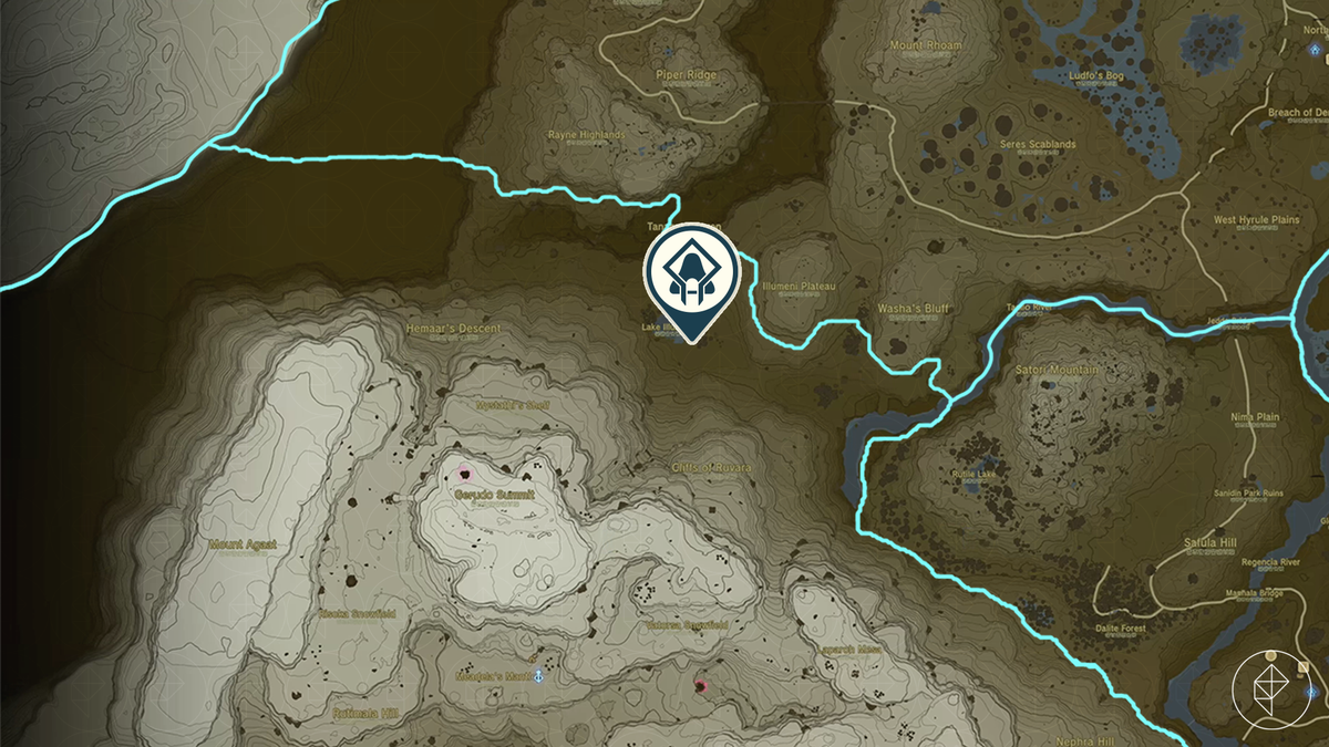 Un'immagine di una mappa che mostra il Santuario Turakawak in The Legend of Zelda: Tears of the Kingdom.  Si trova nella regione della frontiera di Tabantha. 