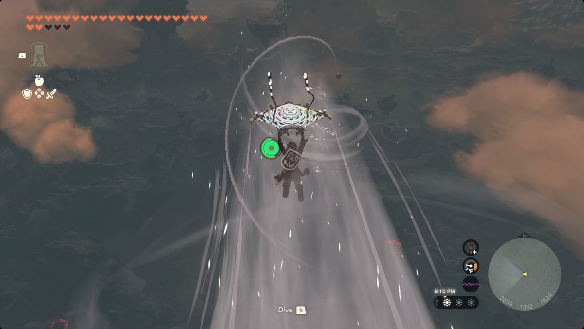 The Legend of Zelda: Tears of the Kingdom Link usando l'abilità Raffica di Tulin per volare in parapendio verso il Santuario di Yansamin