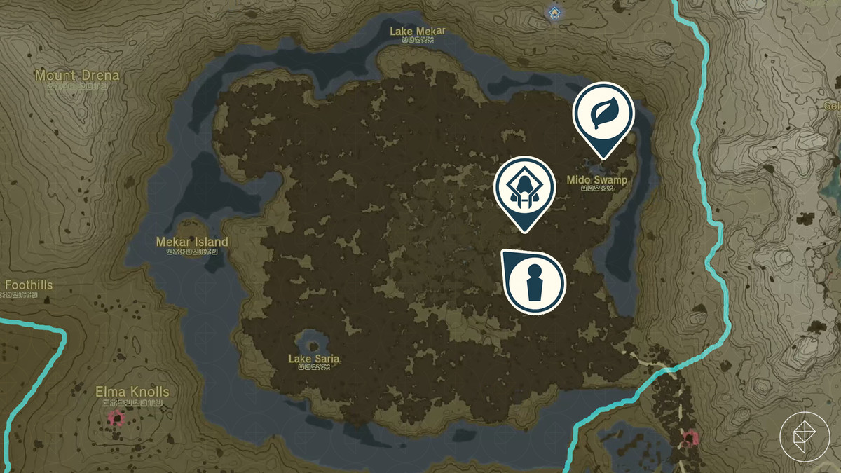 Mappa di The Legend of Zelda: Tears of the Kingdom che mostra le posizioni di Damia, Pupunke Shrine e Mido Swamp