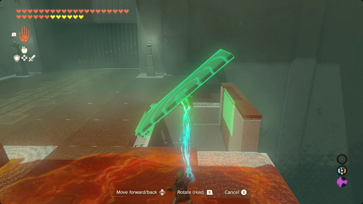 The Legend of Zelda: Tears of the Kingdom Link usando Ultrahand per posizionare un pannello di metallo creando una rampa nel Santuario di Ren-iz.
