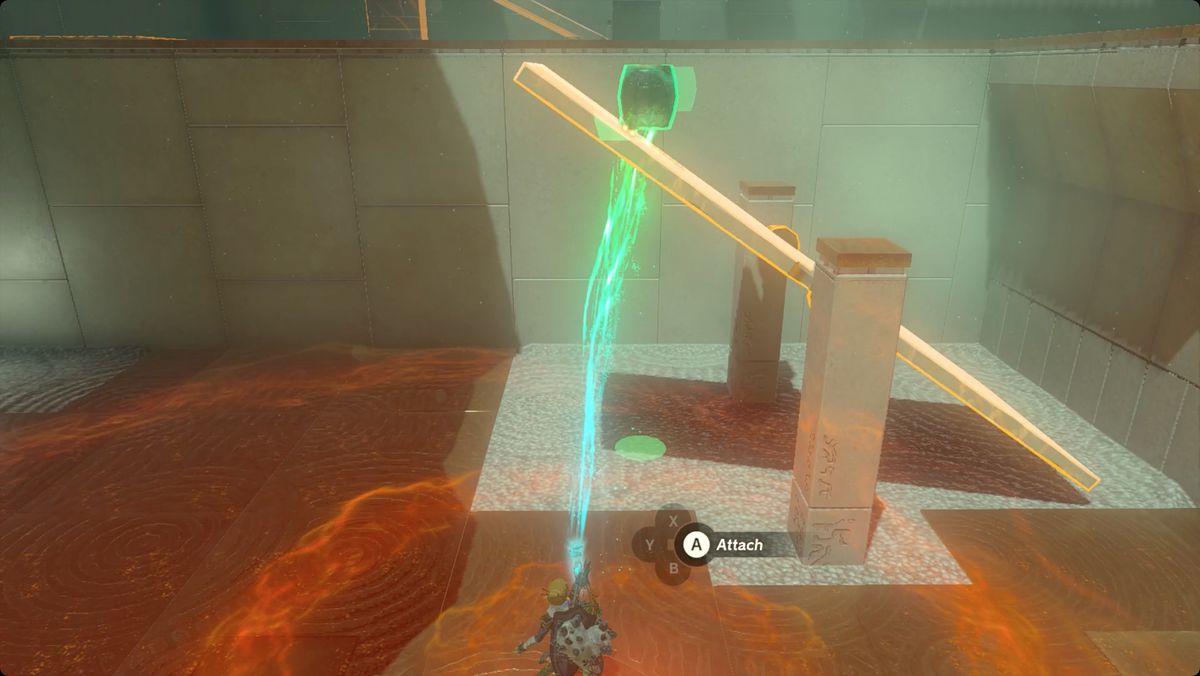 The Legend of Zelda: Tears of the Kingdom Link usa Ultrahand per attaccare un barile di metallo a un'altalena nel Santuario di Rotsumamu