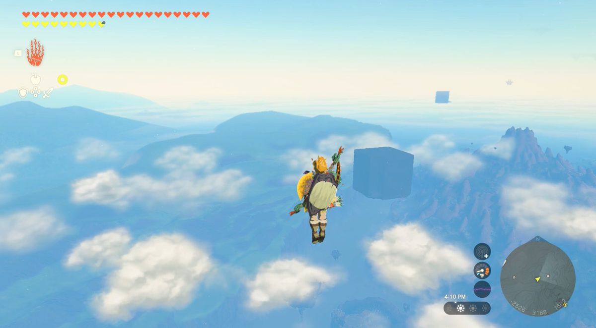 Link vola nel cielo vicino al tempio del vento in Zelda: Tears of the Kingdom