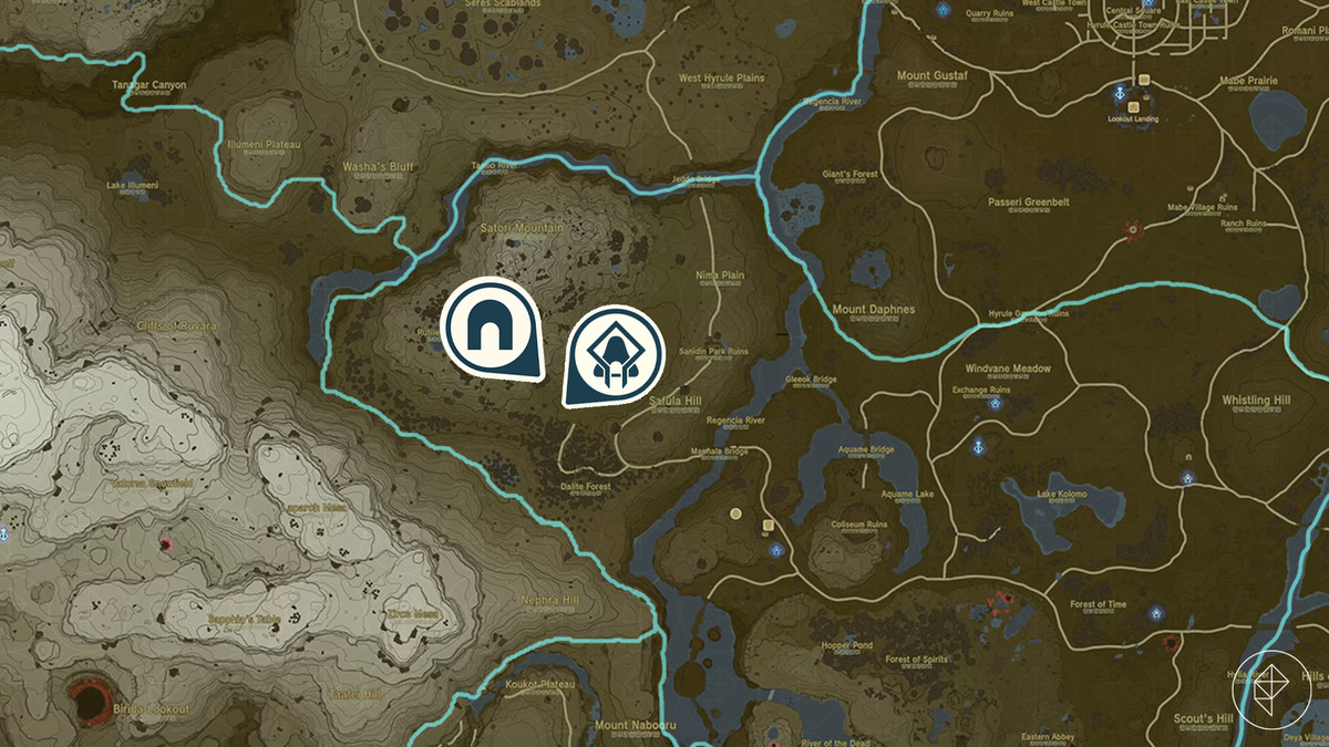 Mappa di The Legend of Zelda: Tears of the Kingdom che mostra la posizione del Santuario Usazum e della grotta ai piedi del monte Satori