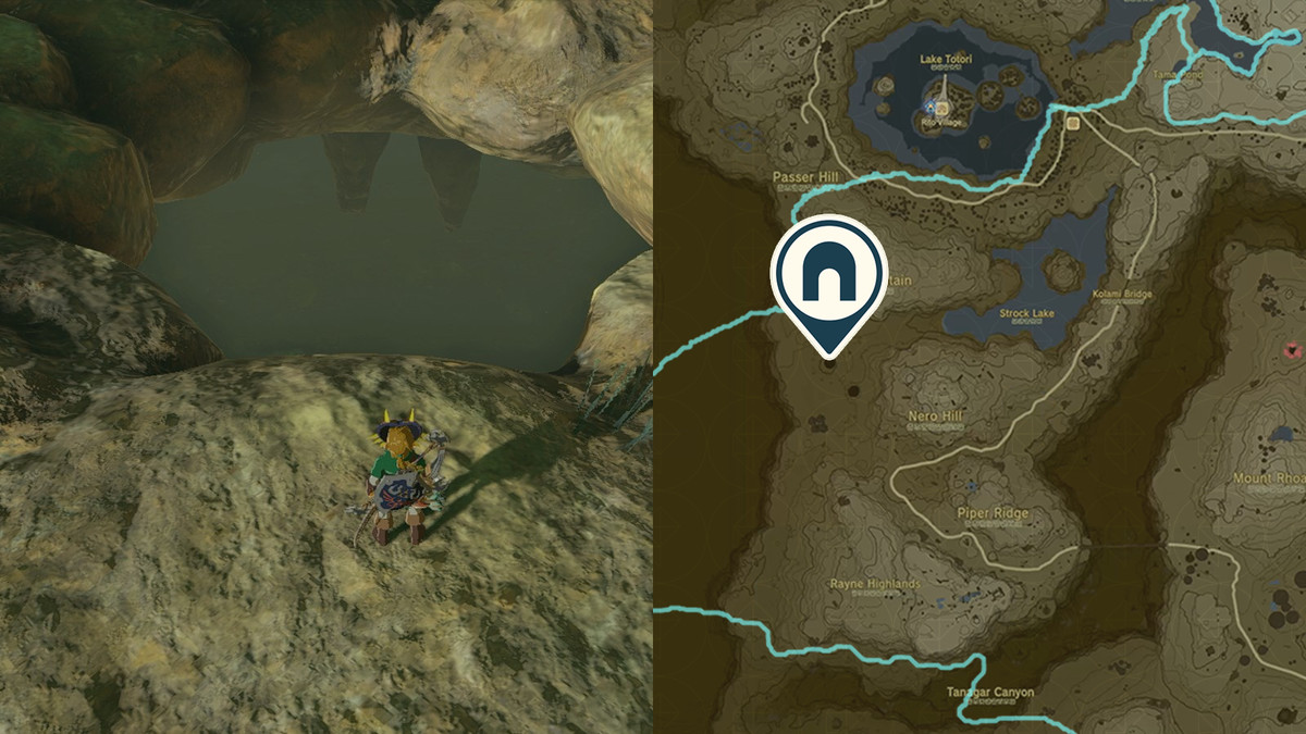 Ingresso della grotta del cratere Gisa nella frontiera di Tabantha, che si trova sul lato ovest di Hyrule in The Legend of Zelda: Tears of the Kingdom.