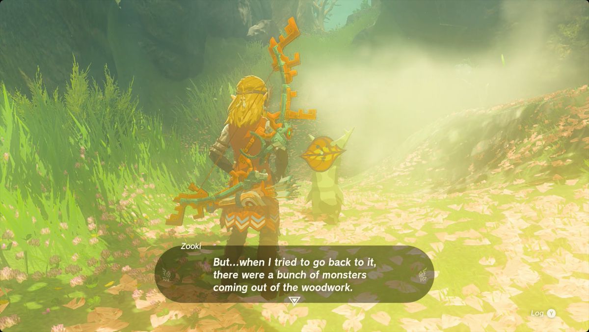 The Legend of Zelda: Tears of the Kingdom Link parla con Zooki il Korok sulla strada per il santuario di Sakunbomar.