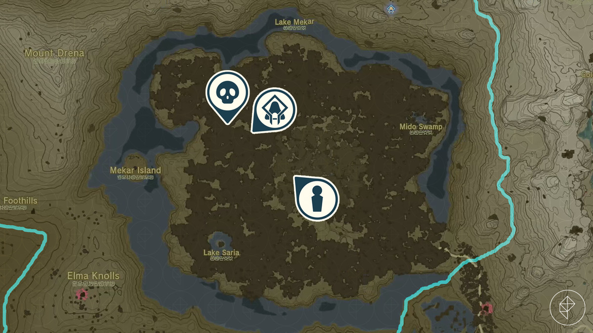 Mappa di The Legend of Zelda: Tears of the Kingdom che mostra la posizione di Zookie, Santuario di Sakunbomar e Stone Talus.