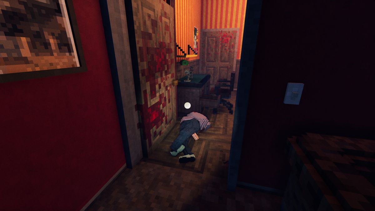 Un cittadino morto giace in una porta insanguinata in Shadows of Doubt, pronto per essere trovato e indagato dal giocatore.