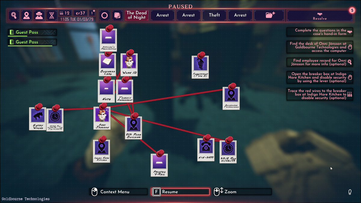 Uno screenshot di una mappa delle prove in Shadows of Doubt, che mostra una raccolta di indizi collegati da un filo rosso su una mappa mentale mentale.