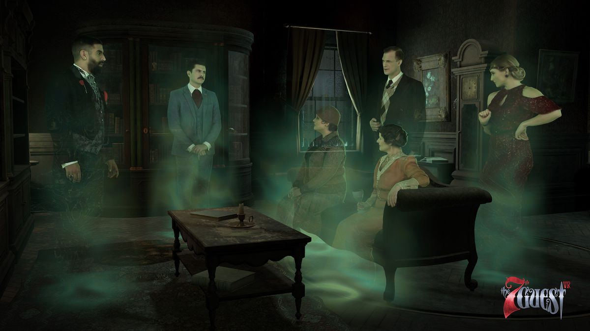 Un sestetto di fantasmi, tra cui Martine Burden, Brian Dutton, Edward ed Elinor Knox, si riunisce in un soggiorno in uno screenshot di The 7th Guest VR.