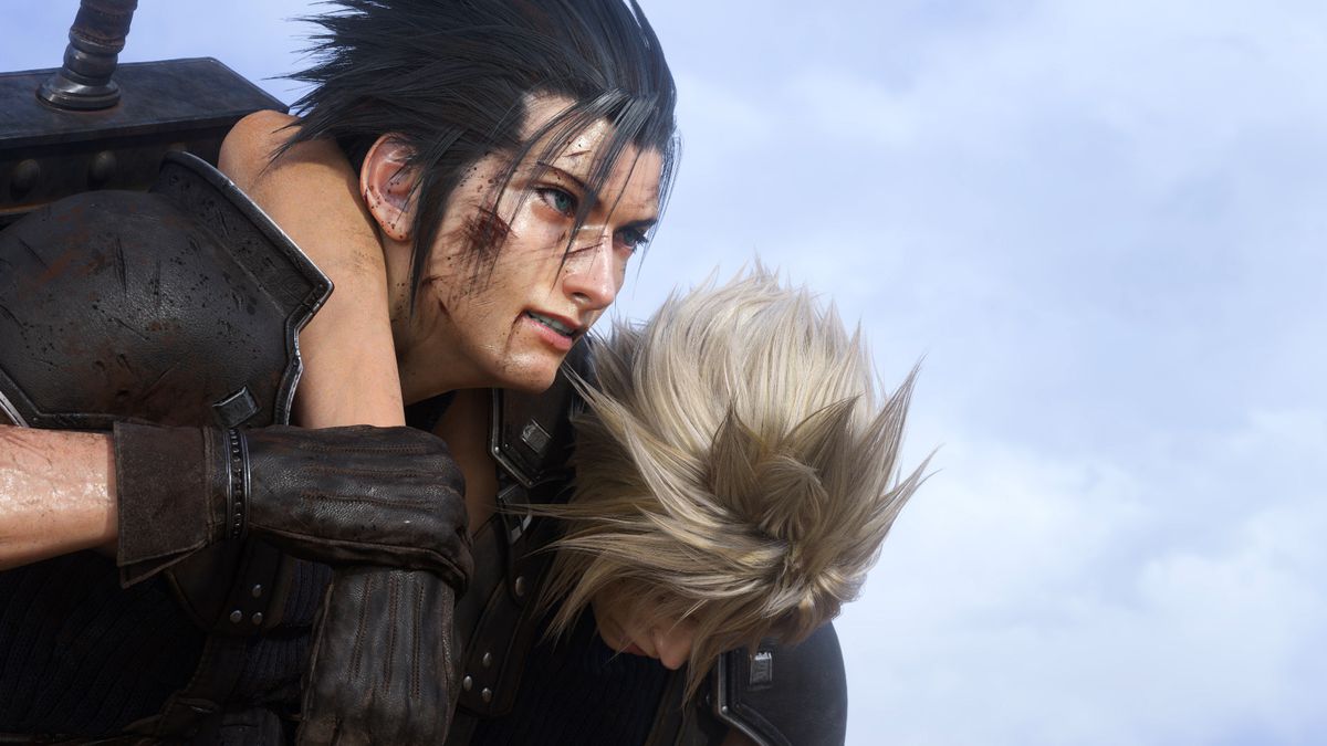 Zack Fair trascina in salvo un Cloud Strife privo di sensi in un'immagine promozionale di Final Fantasy 7 Rebirth