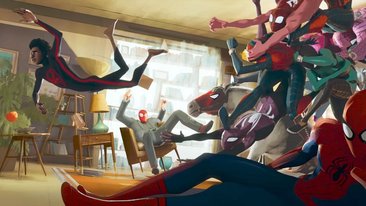 Miles Morales è inseguito da una squadra di Spider-Men attraverso l'ufficio di uno psichiatra in un fotogramma di Spider-Man: Across the Spider-Verse