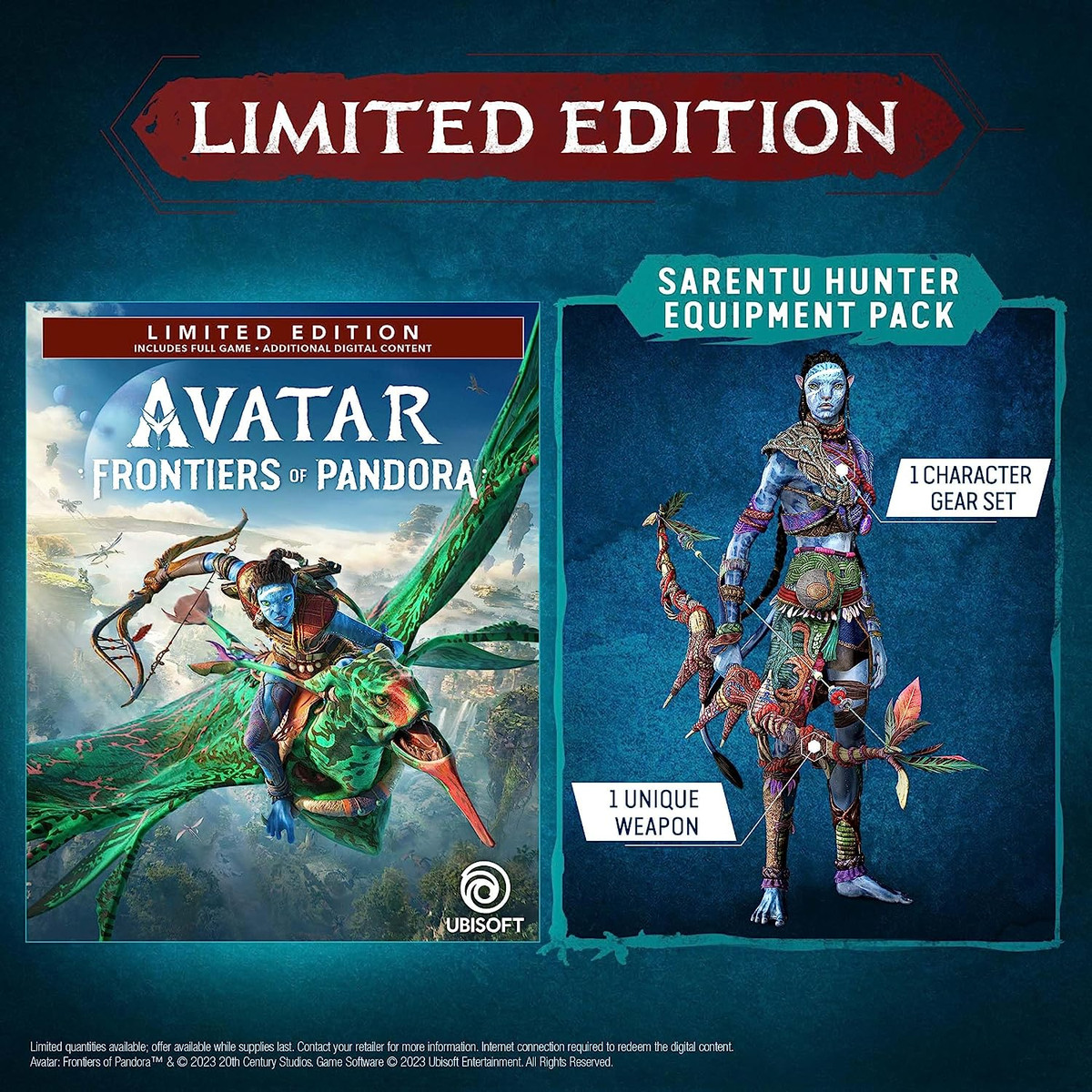 Un'immagine stock del Sarentu Hunter Equipment Pack incluso nell'edizione limitata di Avatar: Frontiers of Pandora
