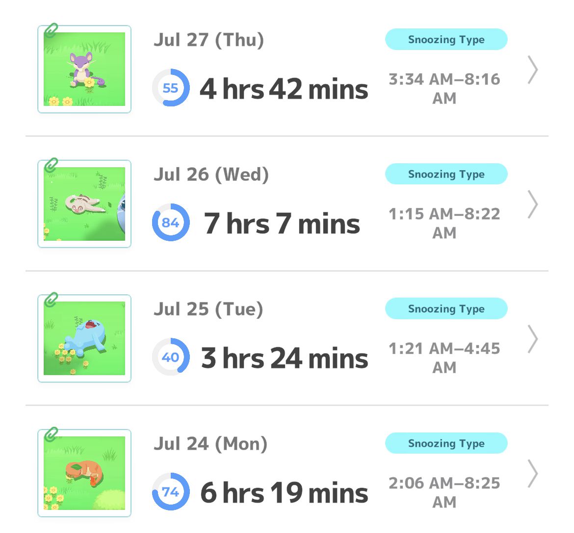 Quattro registrazioni di Pokémon Sleep, interrotte in vari momenti.