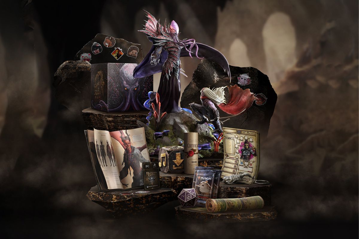 Un'immagine che mostra ciò che è incluso insieme alla Collector's Edition di Baldur's Gate 3. Contiene una copia digitale del gioco, un foglio di adesivi personalizzati, un diorama di battaglia Mind Flayer vs. Drow da 25 cm, un libro d'arte di 160 pagine con copertina rigida, una mappa in tessuto di Faerûn, un set di schede dei personaggi di origine ispirate a D&D, un portachiavi di girino di metallo, una busta di espansione di Magic: The Gathering, un d20 di metallo con incisione personalizzata e un certificato di autenticità, il tutto all'interno di una scatola da collezione ispirata al mind flayer.