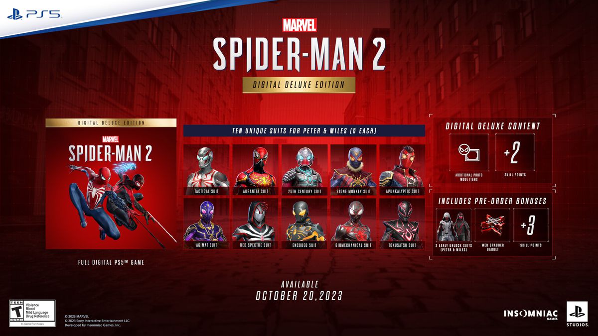 Una foto d'archivio che mostra i cosmetici e i bonus in-game inclusi in Spider-Man 2 Digital Deluxe Edition