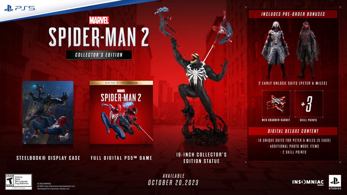 Una foto d'archivio che mostra i cosmetici e i bonus in-game inclusi nella Digital Collector's Edition di Spider-Man 2
