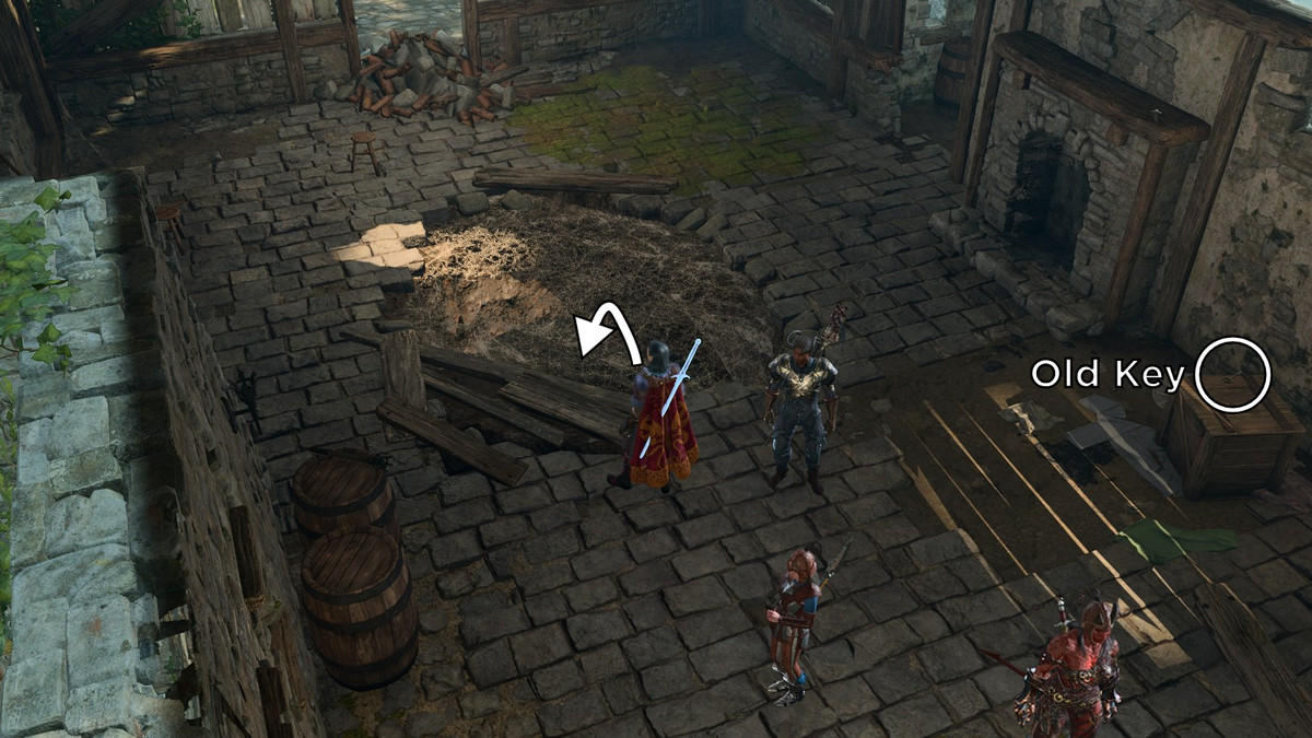 Posizione della ragnatela calcificata e della Vecchia Chiave nella casa del fabbro nel Villaggio Maledetto in Baldur's Gate 3.