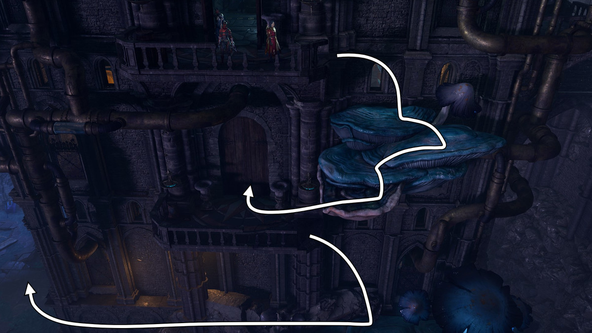 Piattaforme di funghi sul lato della Torre Arcana in Baldur's Gate 3.