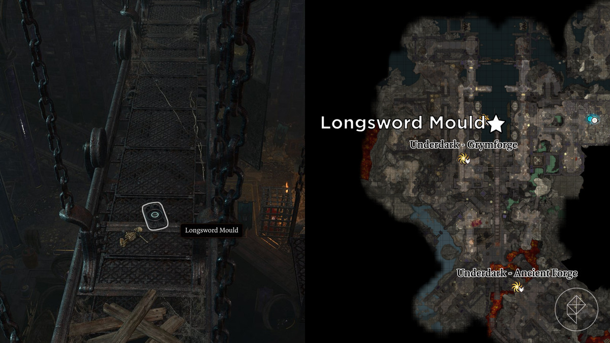 Posizione dello stampo della spada lunga segnata sulla mappa di Grymforge in Baldur's Gate 3.