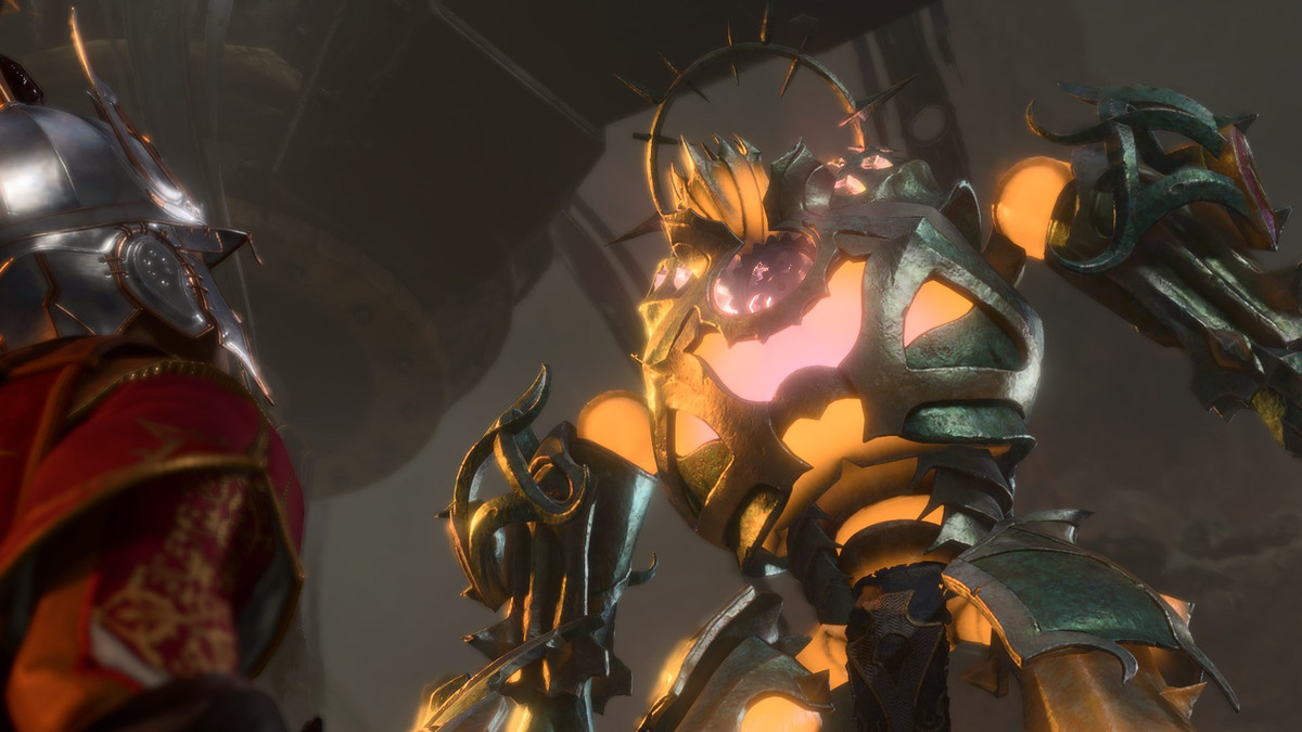 Grym, protettore della fucina, in piedi sopra il personaggio giocabile in Baldur's Gate 3.