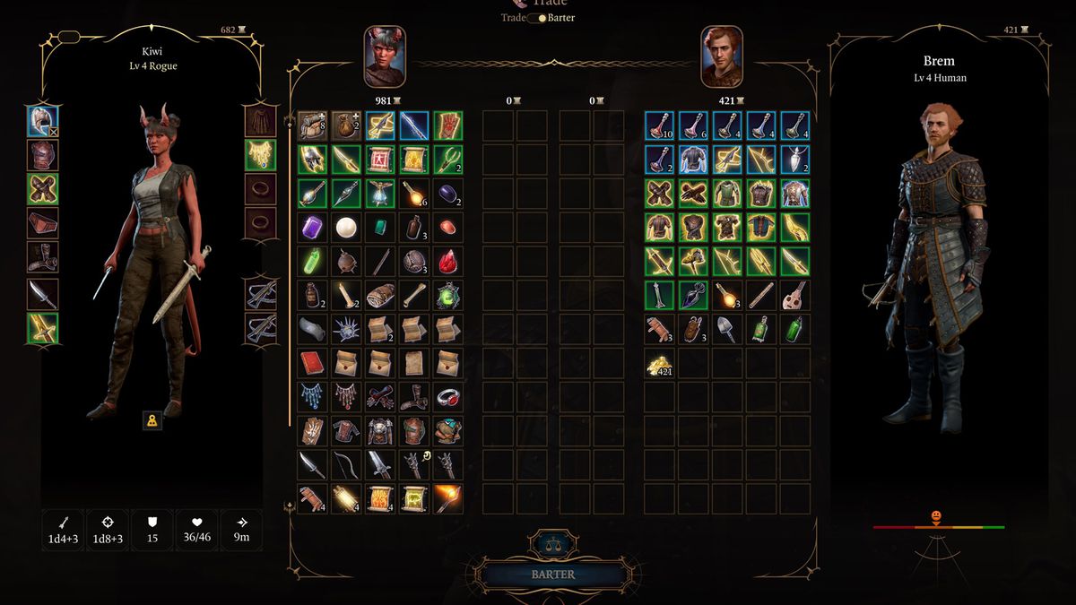 Una schermata del negozio in Baldur's Gate 3 che mostra Brem con molte opzioni di armature e armi.
