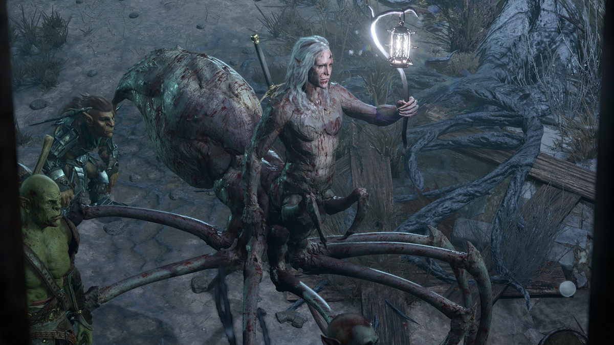 Kar'niss, un drider (metà umano e metà ragno), che percorre un sentiero con una lanterna lunare in Baldur's Gate 3.
