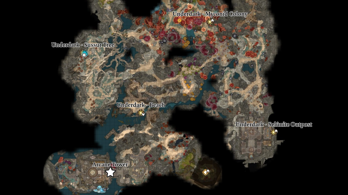 Posizione della Torre Arcana segnata sulla mappa del Sottosuolo in Baldur's Gate 3.